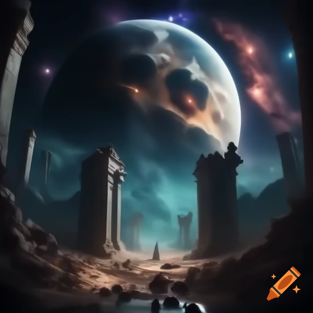 Surreal cosmic scene of aftermath with entities clashing in ruins