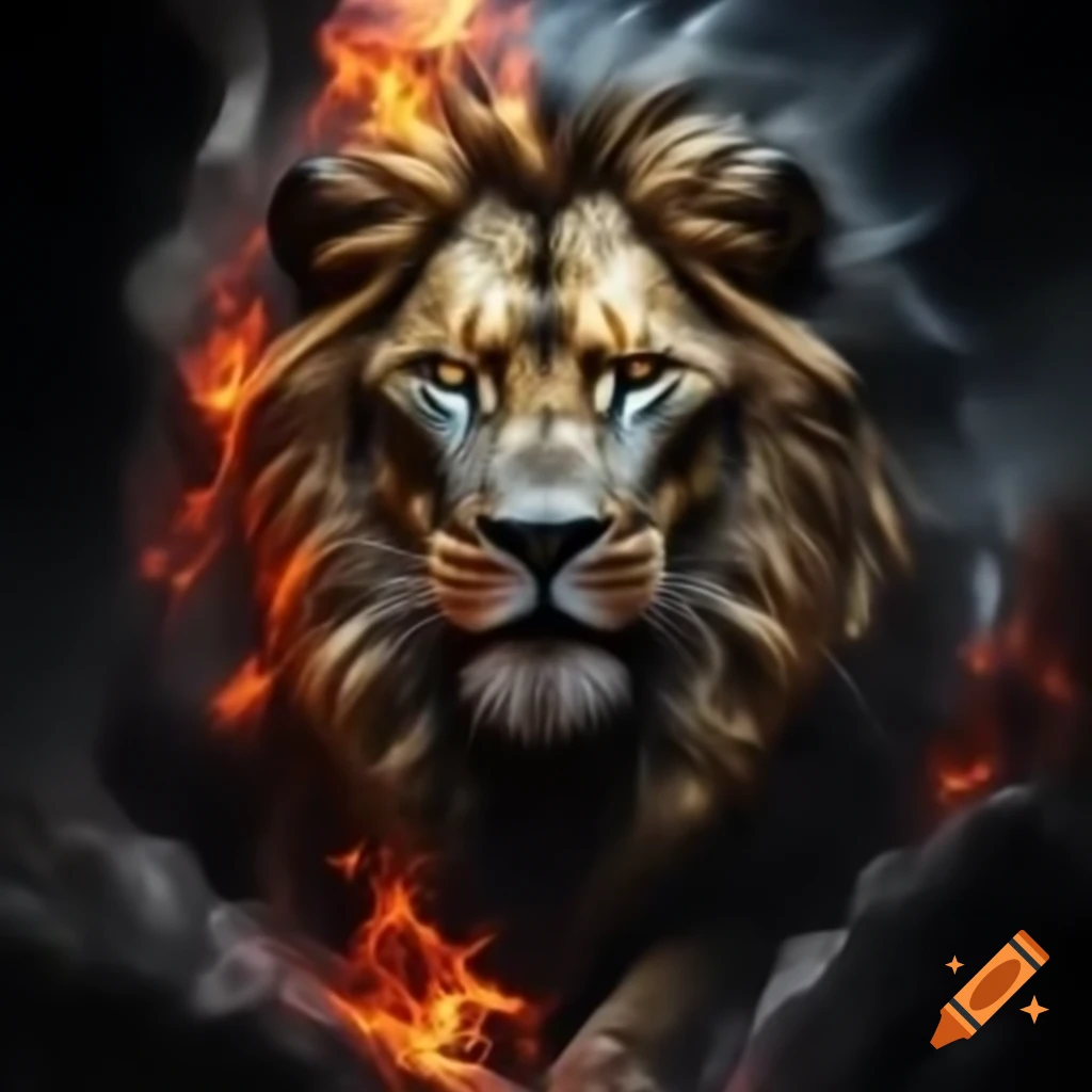 Artistic depiction of a lion in gold, black, and red surrounded by fire, with the words FORTIS VOLUNTAS & FRATERNITAS