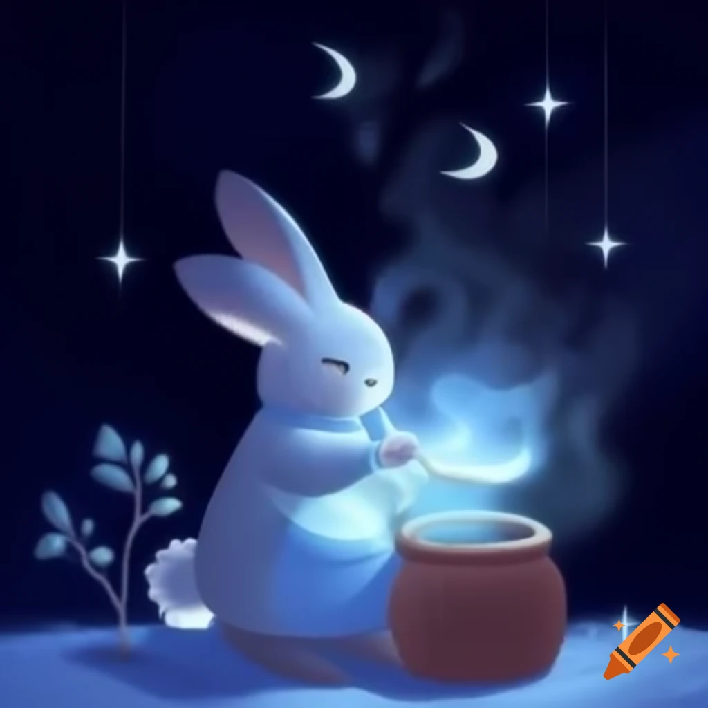 Ethereal rabbit mixing potions under the moonlight