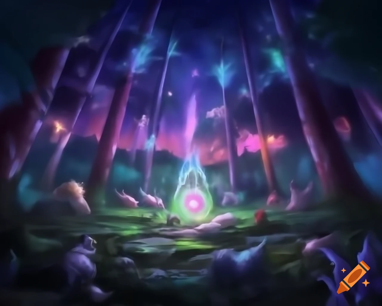 Mystical forest filled with mythical creatures and vibrant trees
