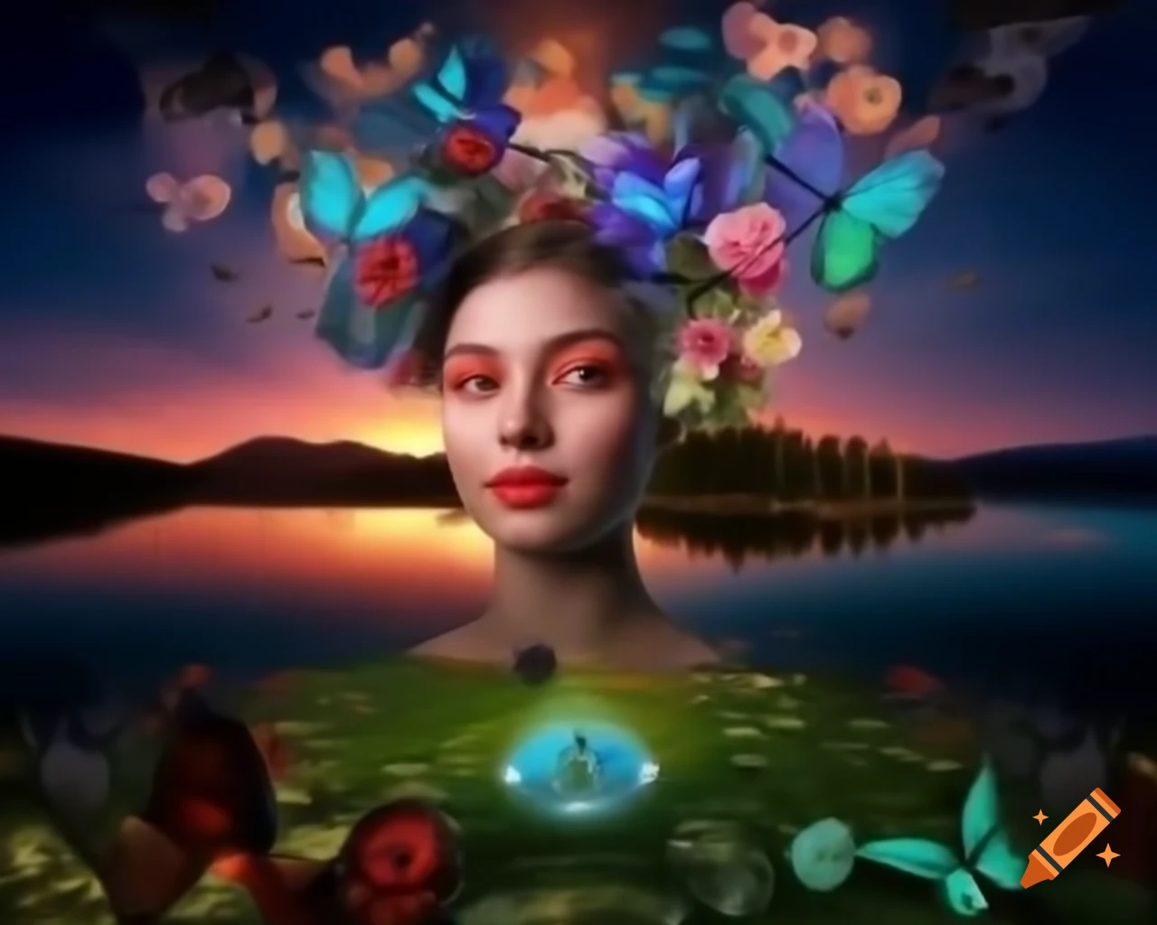 Mountain lake with forest and surreal woman's face made of colorful flowers