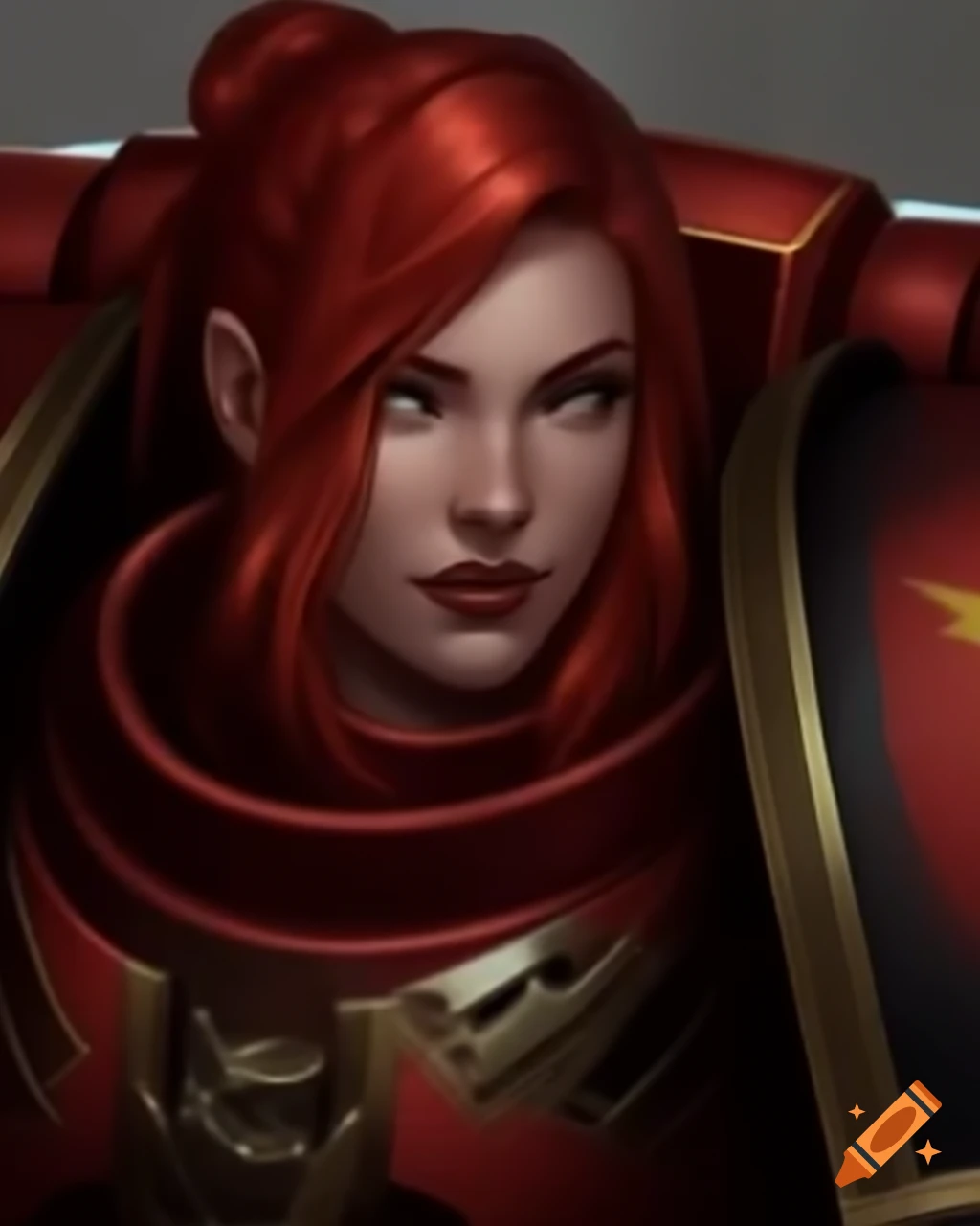 Female space marine of the Thousand Sons Legion with red hair and armor