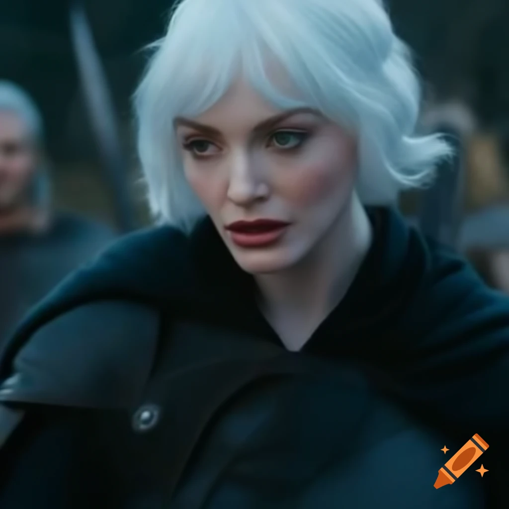 Cosplay of warrior character by Christina Hendricks with short white hair