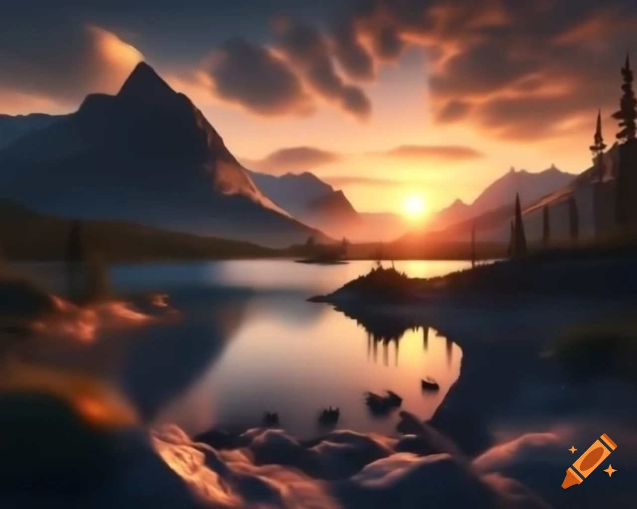 Photorealistic 3D render of mountain lake at sunset with island in background