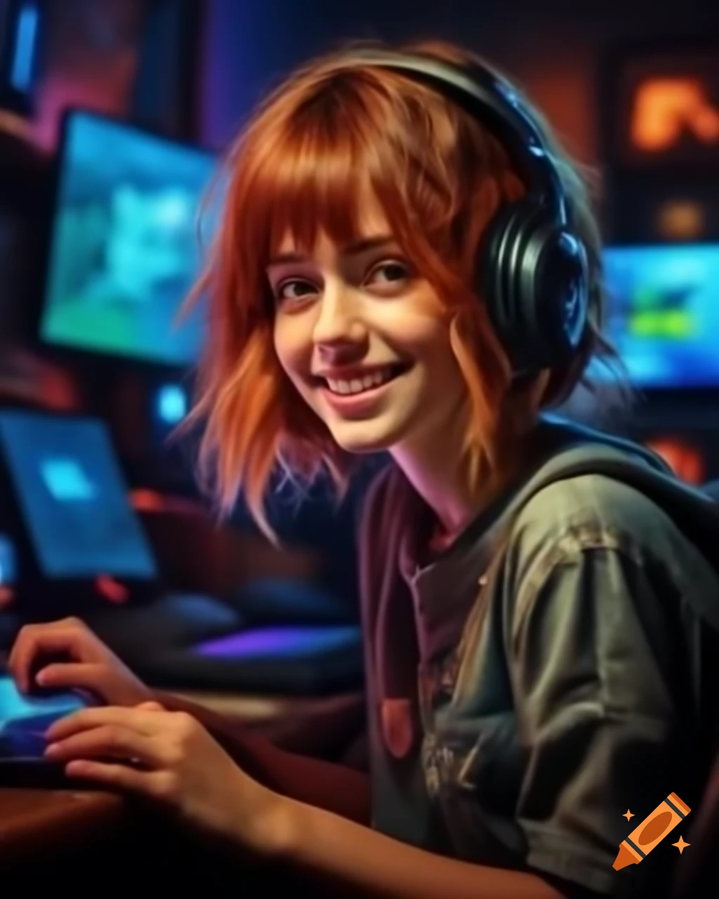 Happy French female gamer in high-tech gaming bedroom, detailed facial features