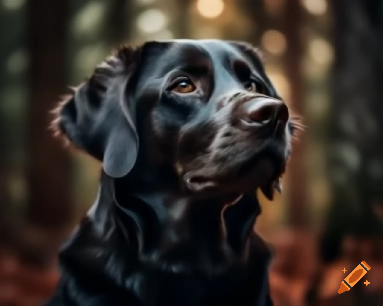 Hyperrealistic black Labrador Retriever in forest with trees and dark brown eyes