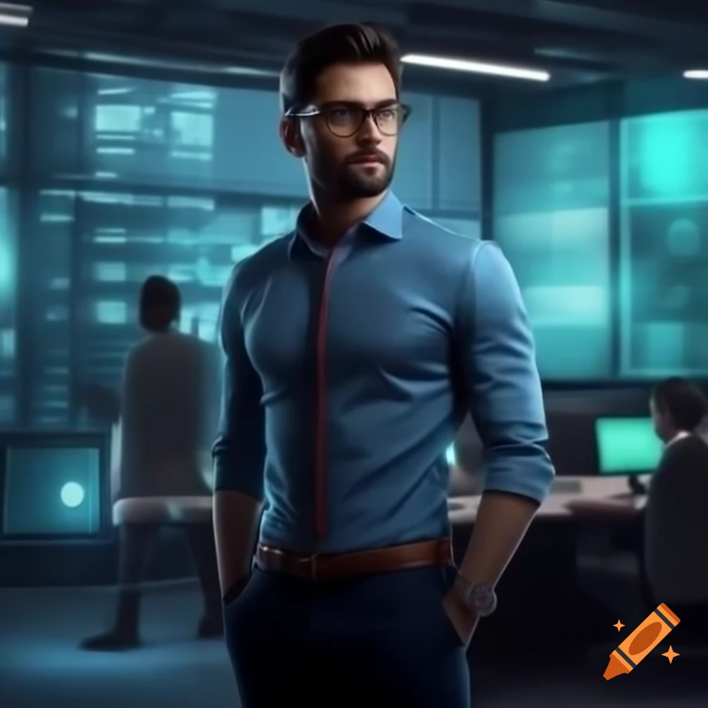 Modern man in business casual attire with AI Solutions logo in blue background
