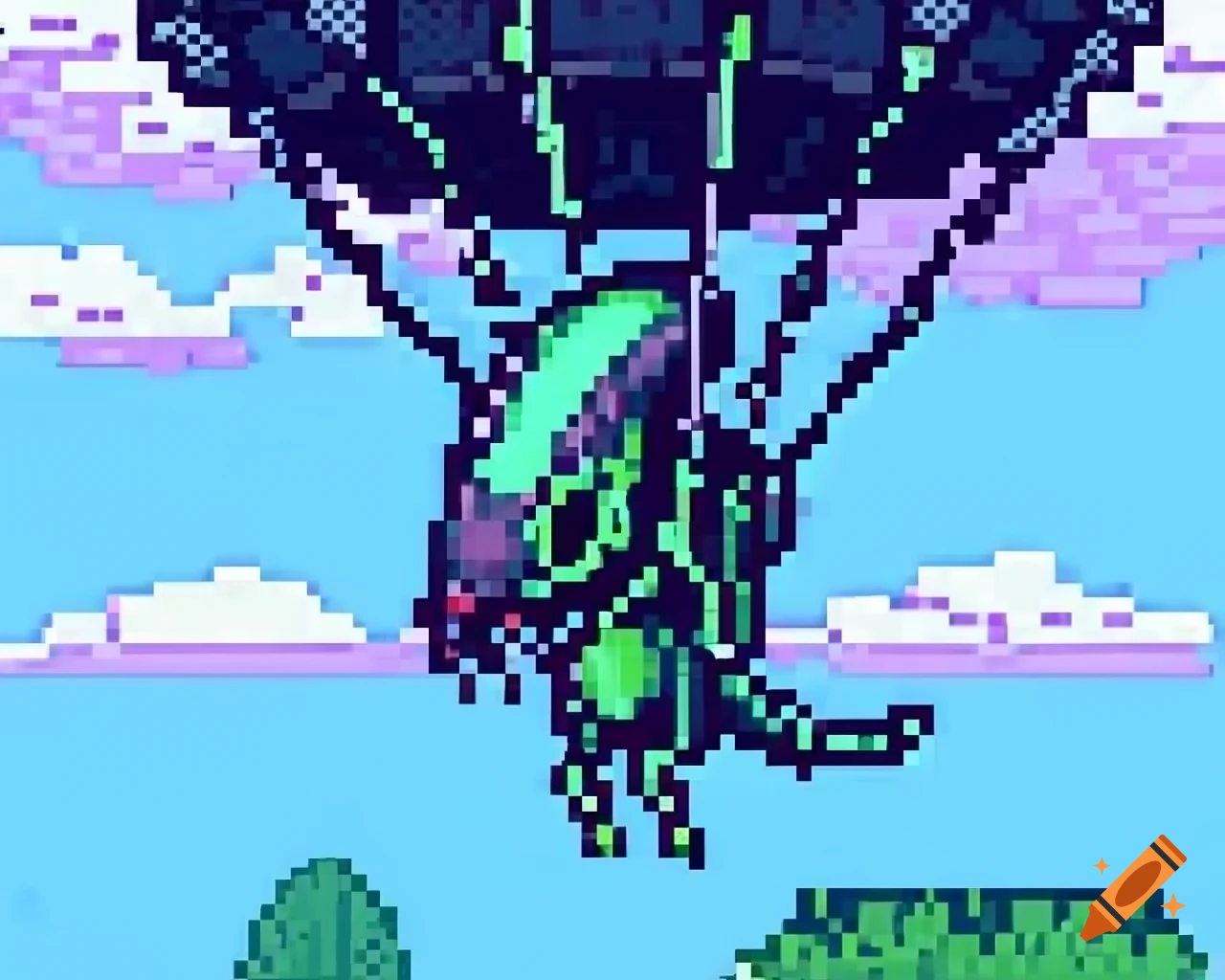 Xenomorph on parachute in 128 bits pixel art style