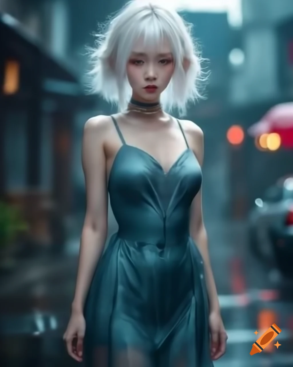 Anime woman with white hair in dress on rainy day, realistic style