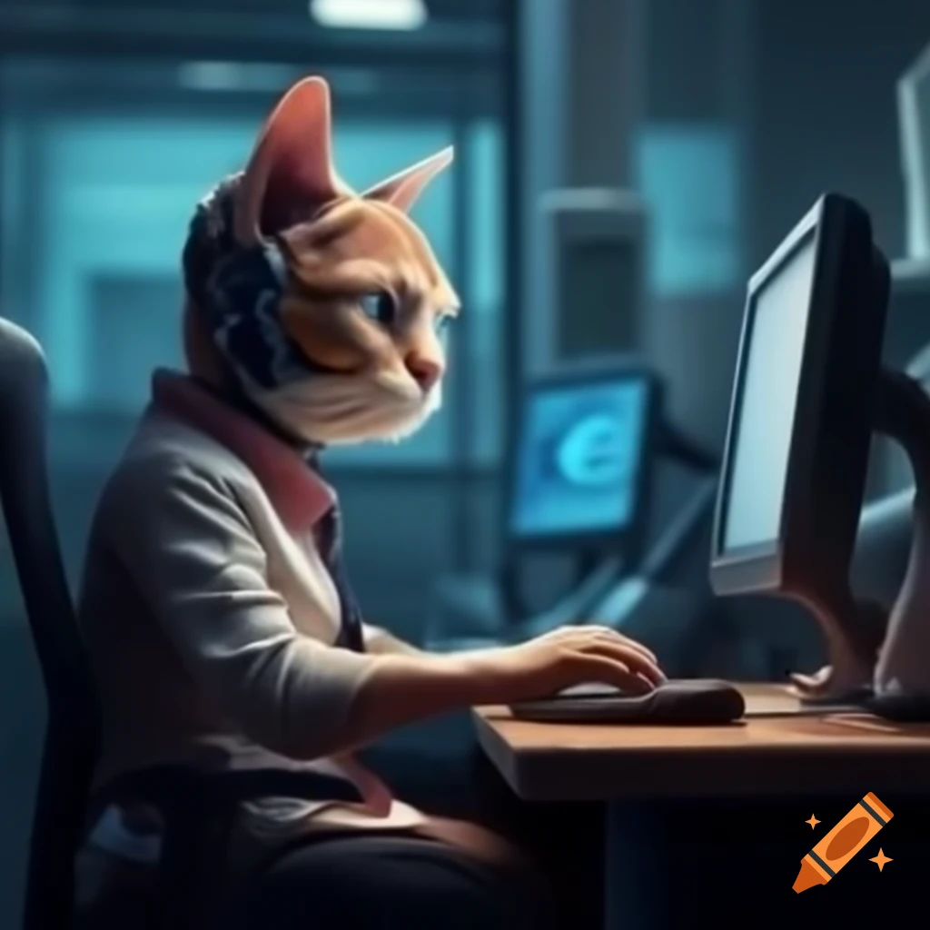 Concept of human with cat head working on computer