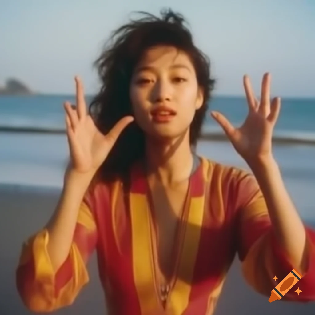 Enigmatic Japanese idol actress in 1980s city pop fashion at palm beach