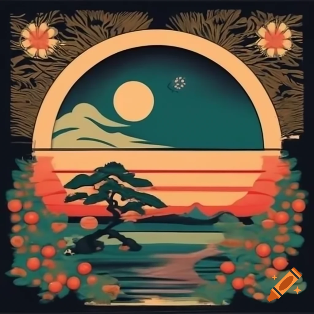 Ukiyo-e artwork featuring moon, sun, and flower garden