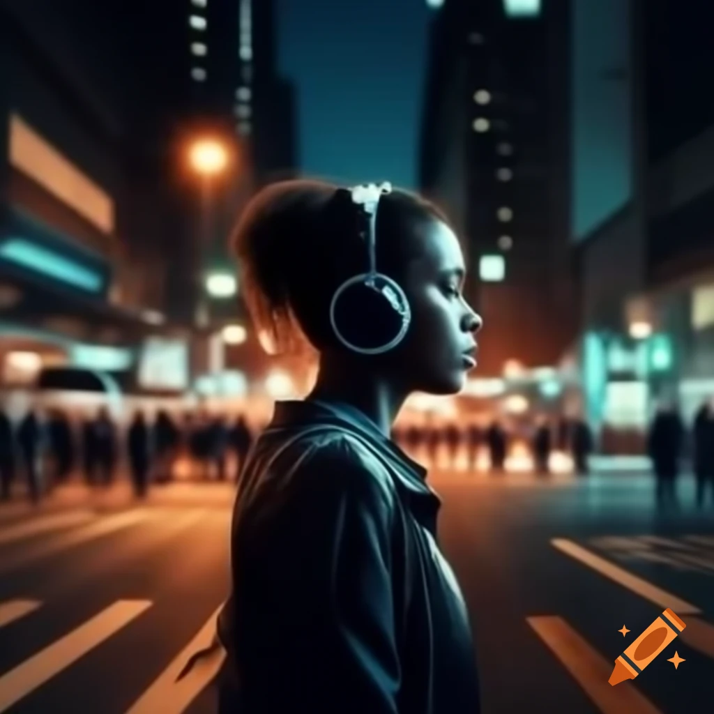 Person wearing headphones alone in crowded city street at night