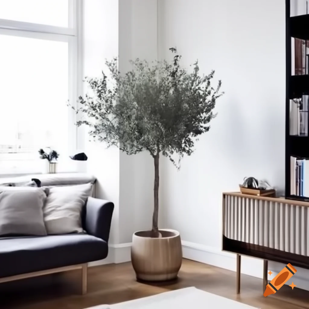 Minimalist modern living room featuring potted olive tree near window