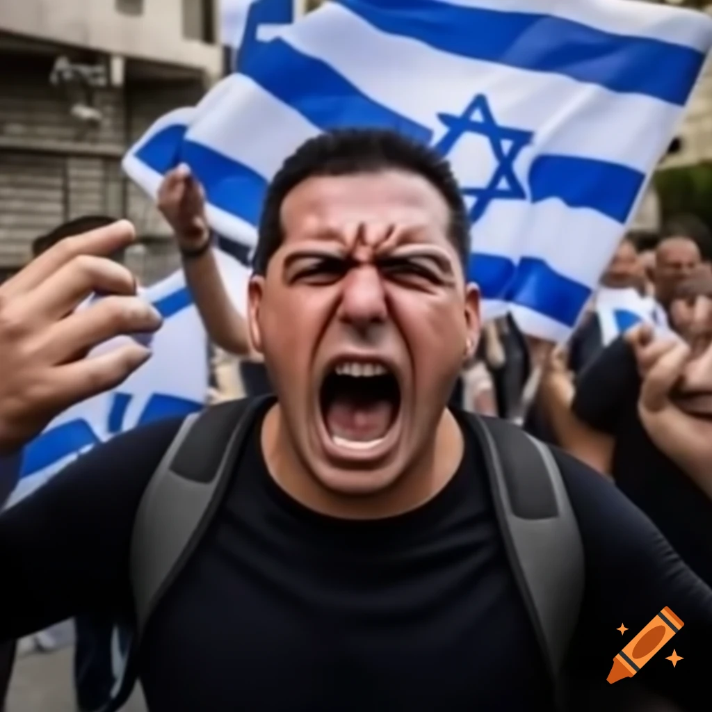 Angry protester with Israeli flag yelling at camera