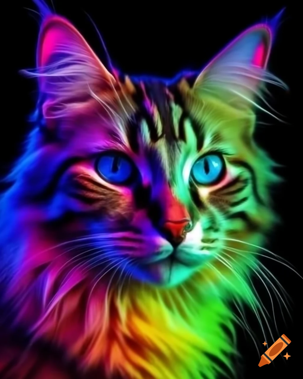 Neon feline with blue eyes and colorful fur in acrylic paint