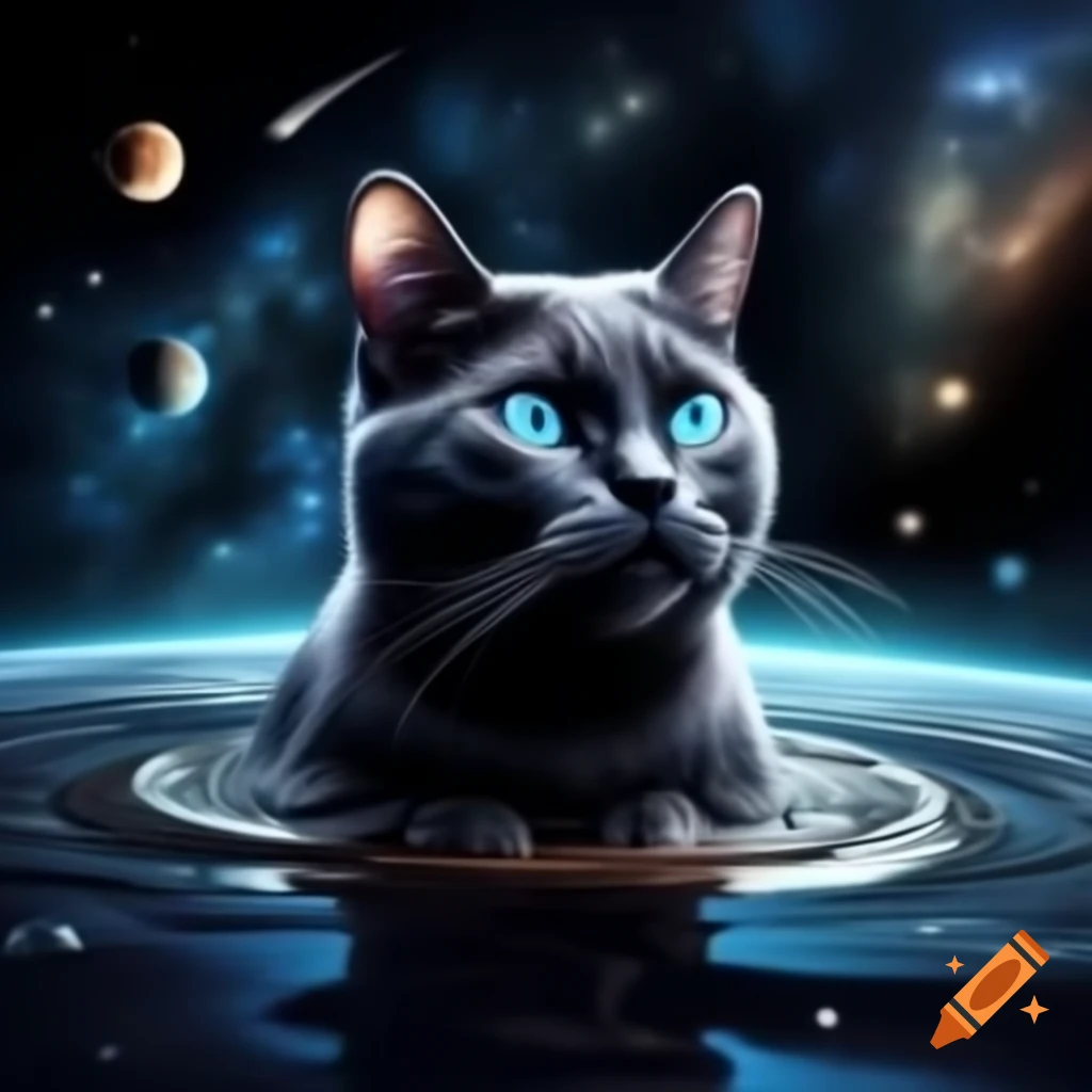 Surreal black cat melting into a cosmic void of stars and planets