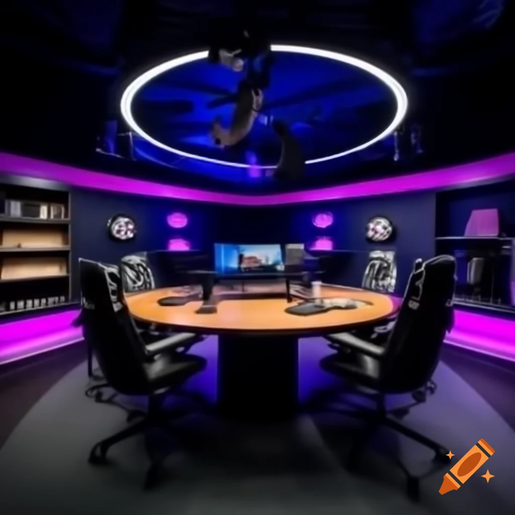 Modern open podcast studio design featuring a sleek dark round table