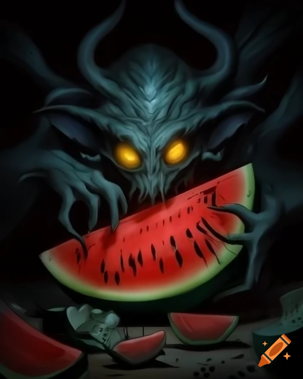Dark fantasy illustration of a watermelon-like Lovecraftian creature by Greg Rutkowski