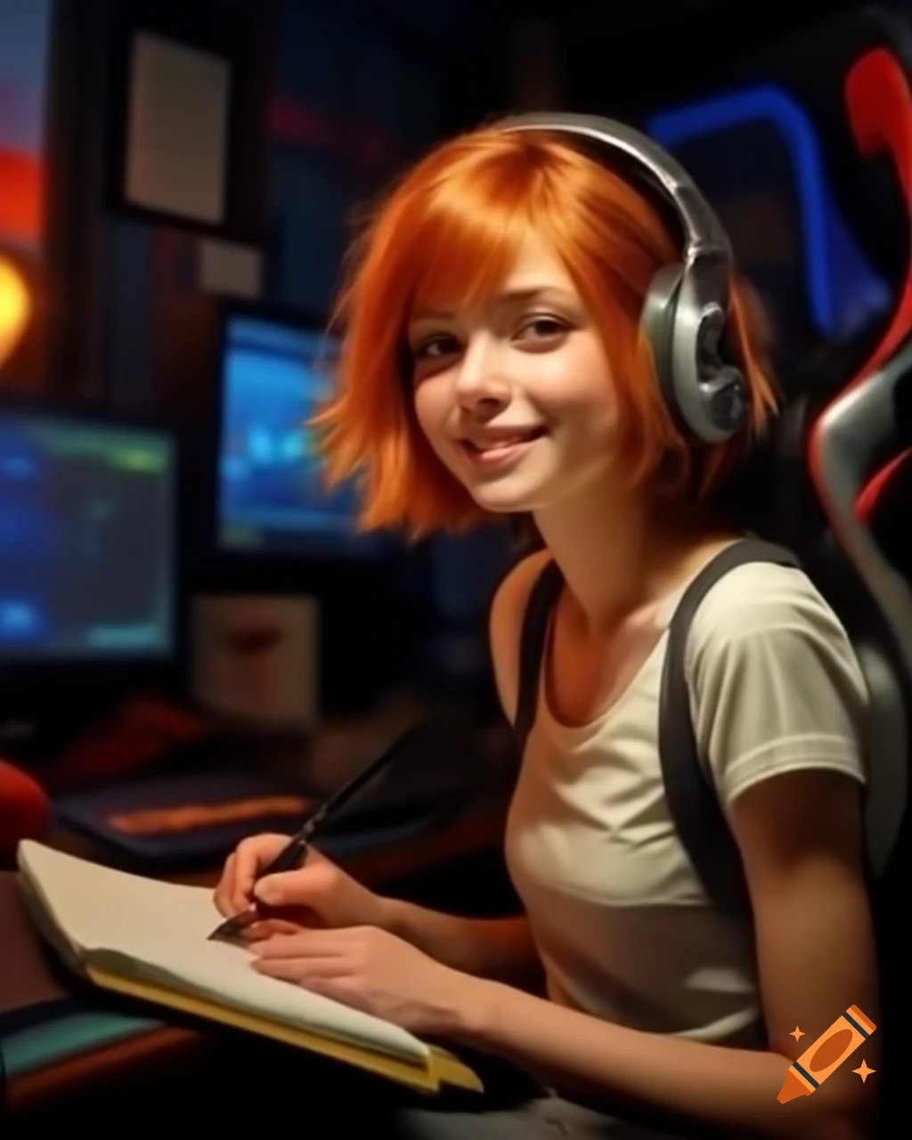 Anime style French female gamer with ginger hair in high-tech gaming bedroom