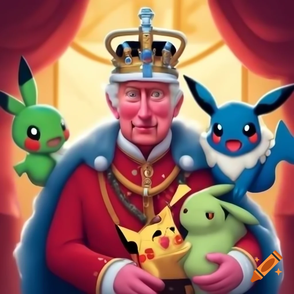 King Charles surrounded by Pokemon characters