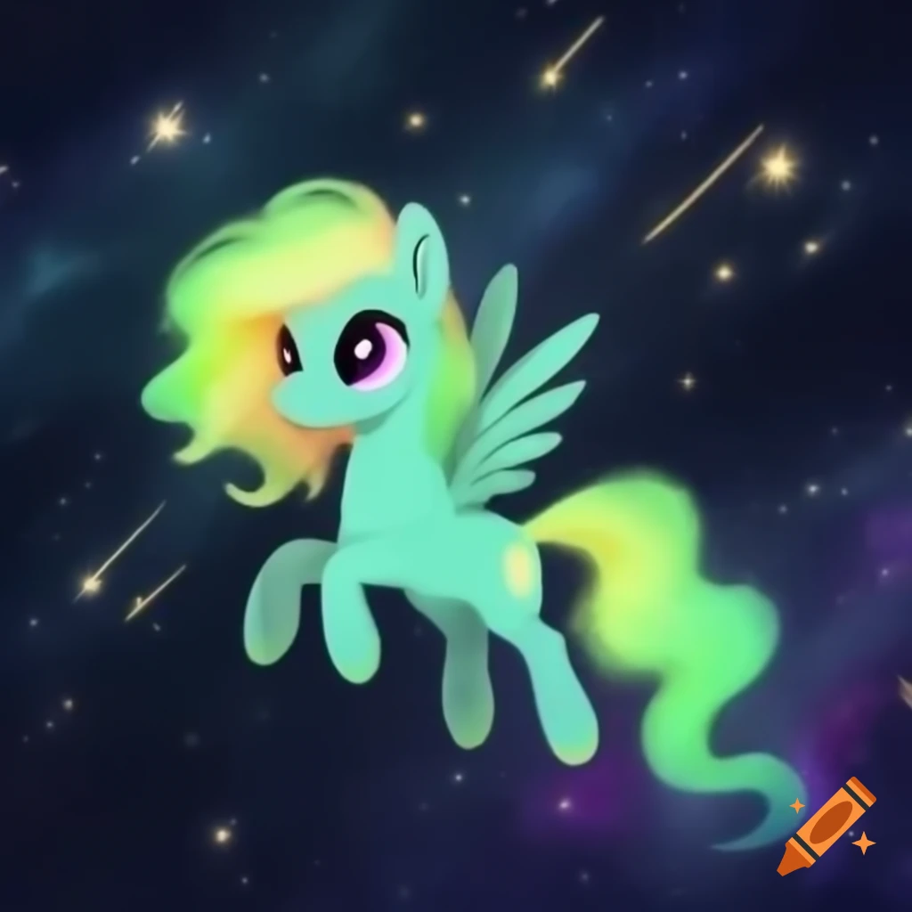 Cute green pegasus with aurora hair flying through stars and galaxies