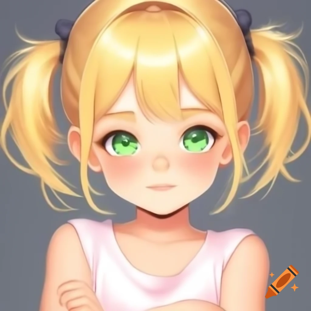Anime girl with blonde hair and green eyes wearing pink sleeveless shirt
