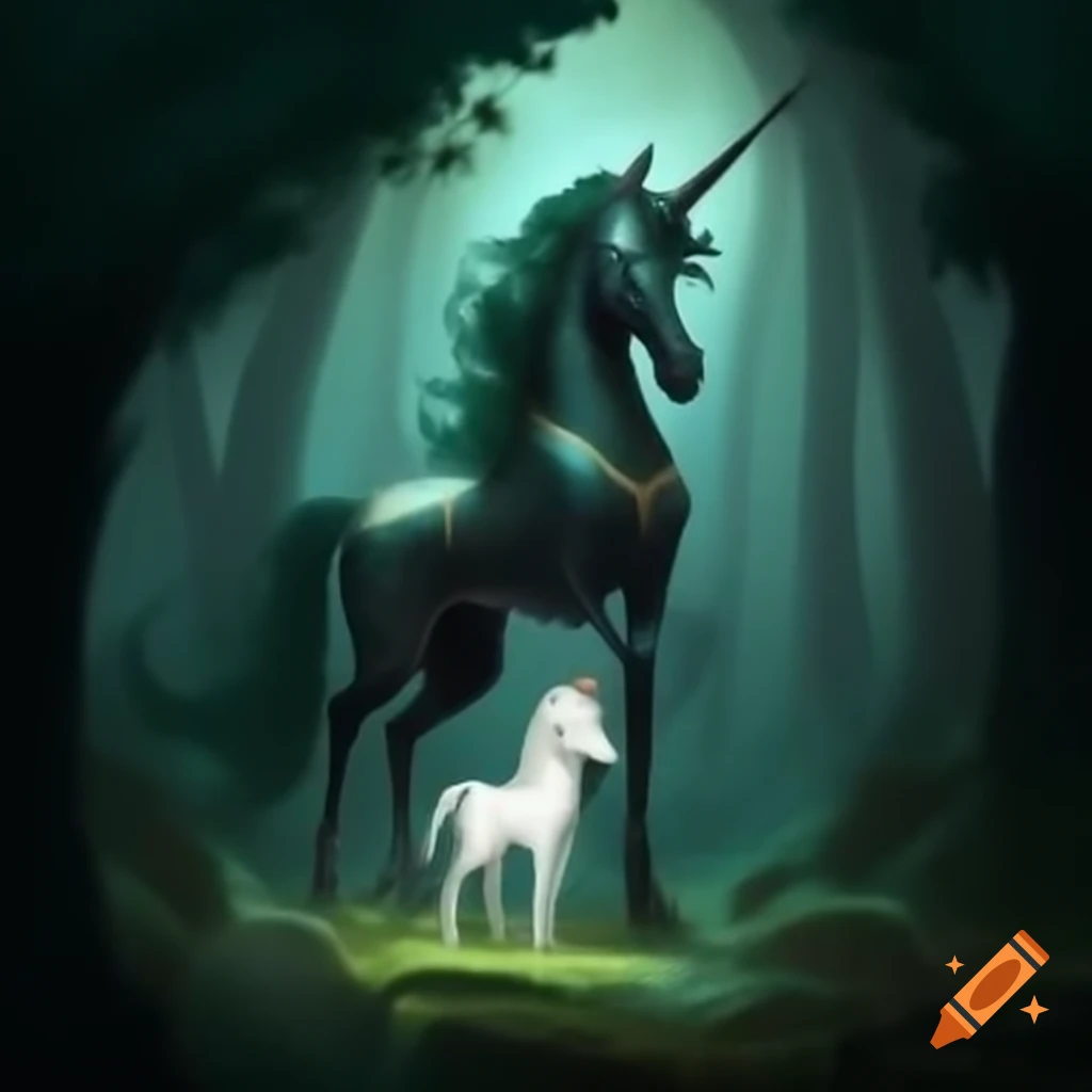 Enchanted forest in fantasy style with tall trees, magical mist, unicorns, and fairies