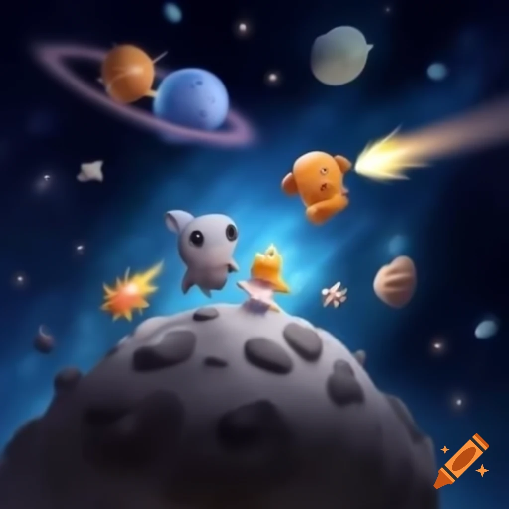 Cute animals on asteroid floating through space and galaxies