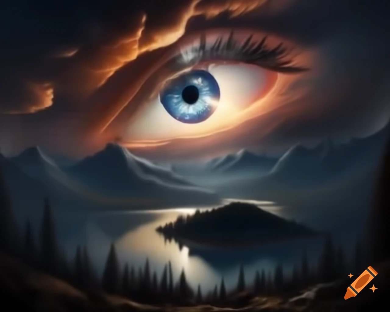 Surreal mountain range with giant eye and sea of ripened tomatoes