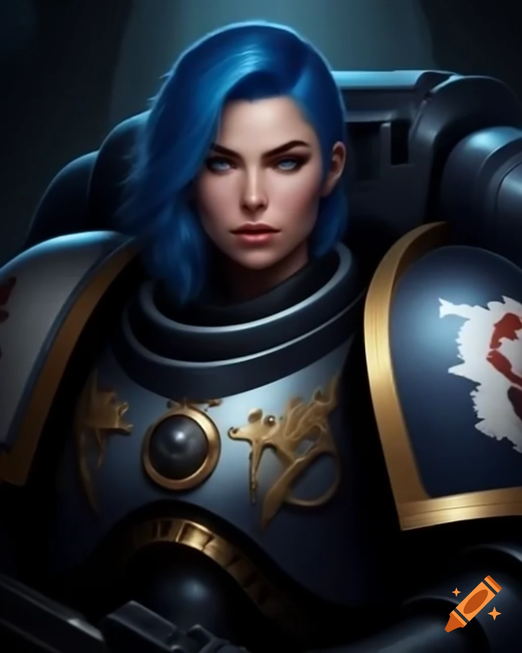 Female space marine of the Thousand Sons Legion with blue hair