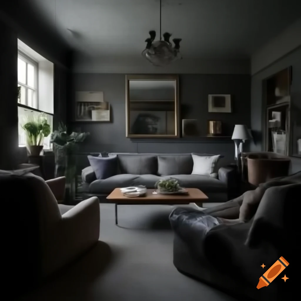 Dark and distorted grey living room interior