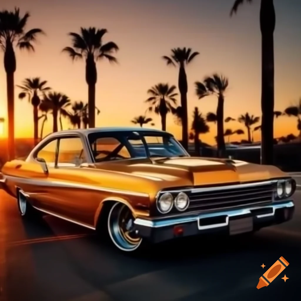 Golden lowrider with wire wheels at sunset with palm trees
