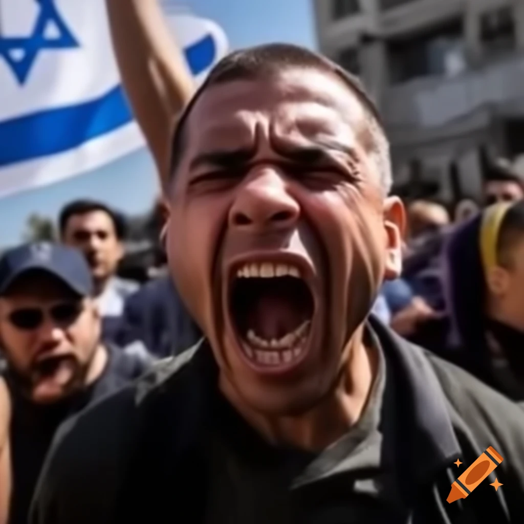 Angry right wing protester with Israeli flag shouting at camera
