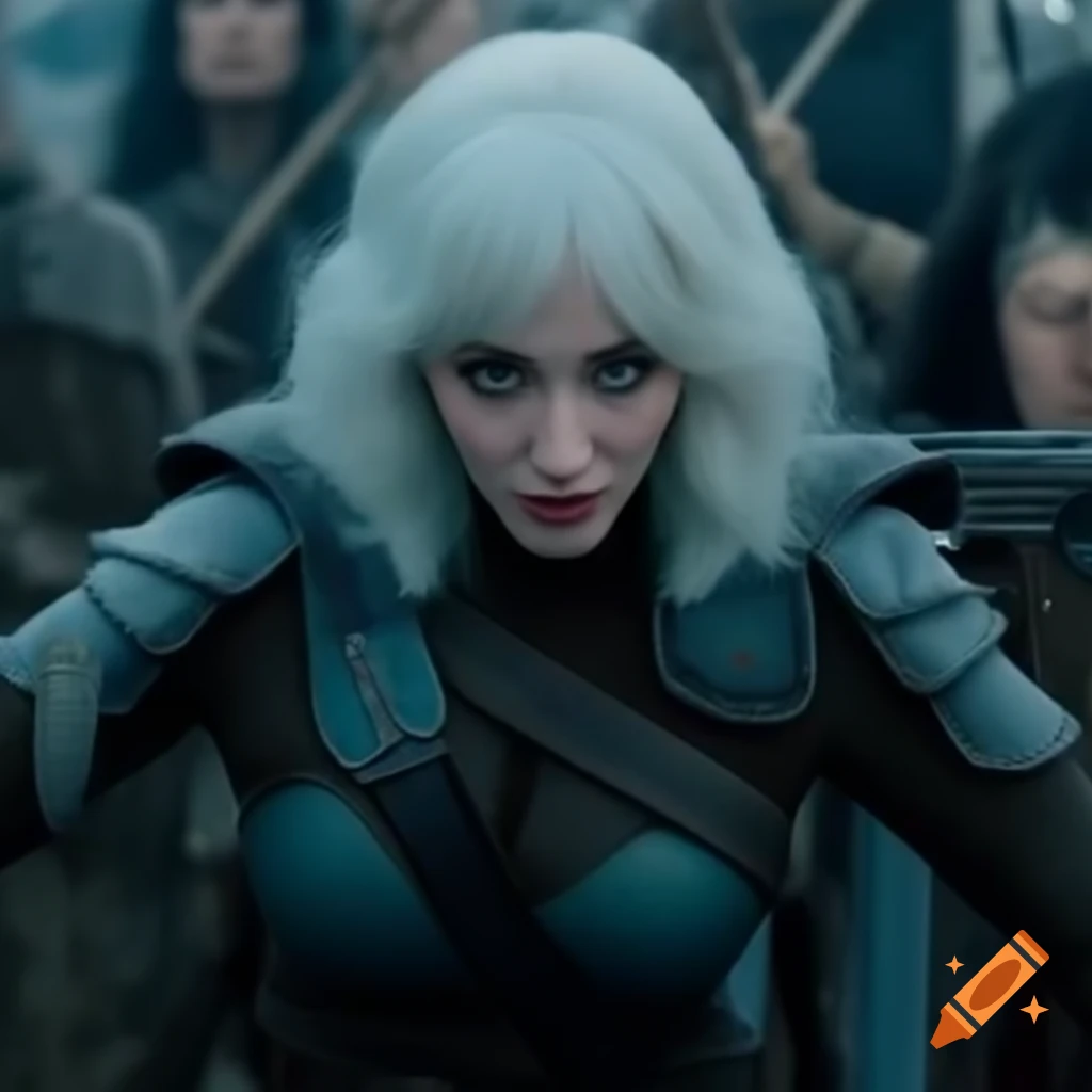 Christina Hendricks as warrior cosplay with short white hair, ultra wide shot