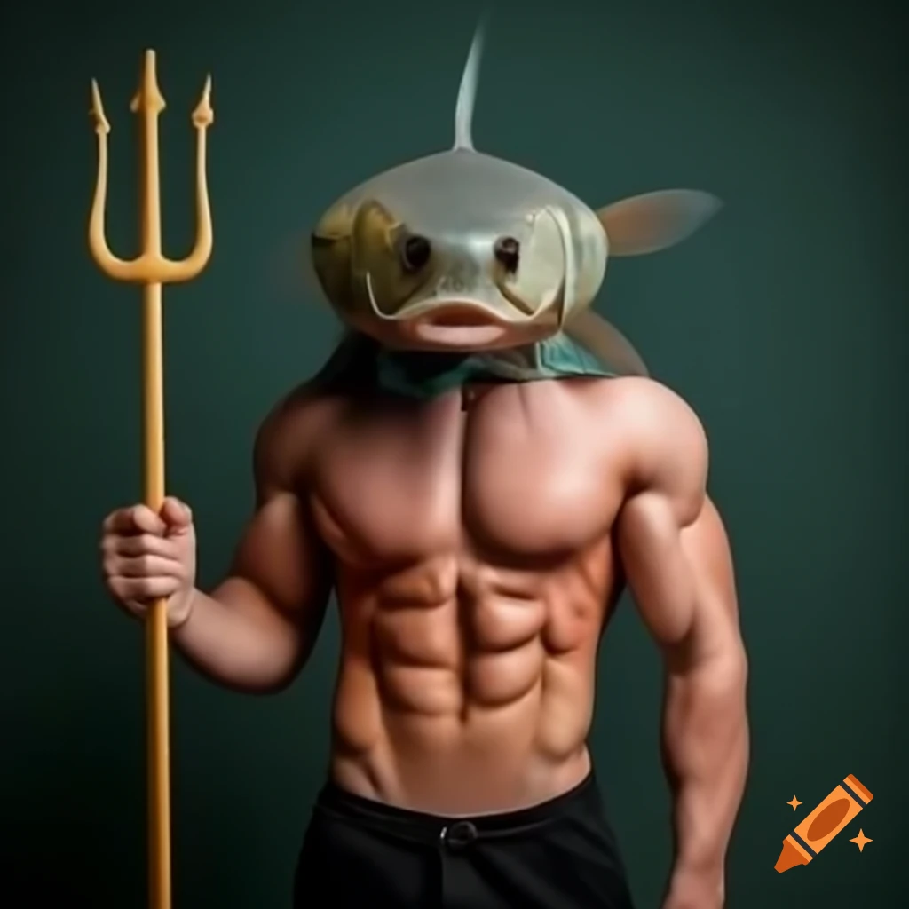 Muscle man with fish fins holding trident and making a funny face
