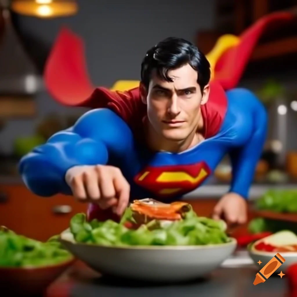 Superman flying in a salad cooking show setting