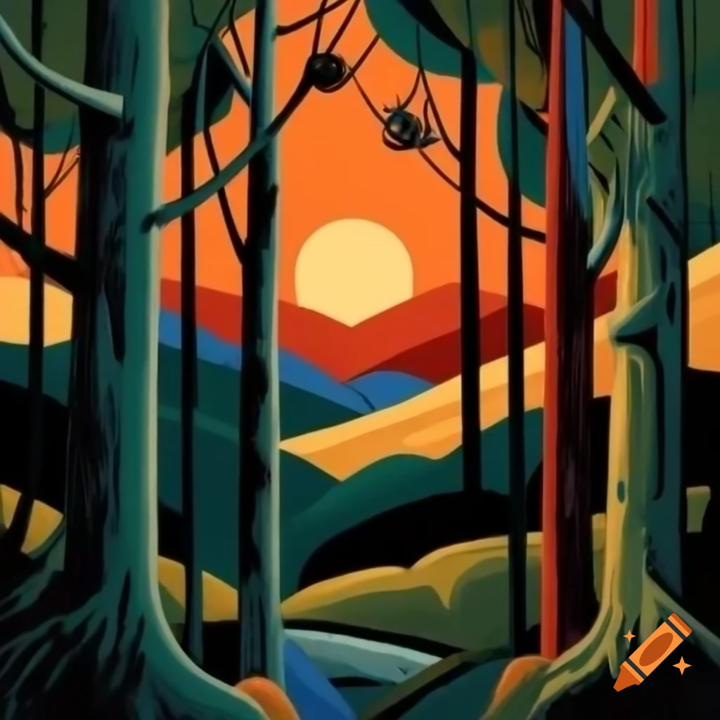 Cubist artwork of colorful forest at sunset in Patagonia