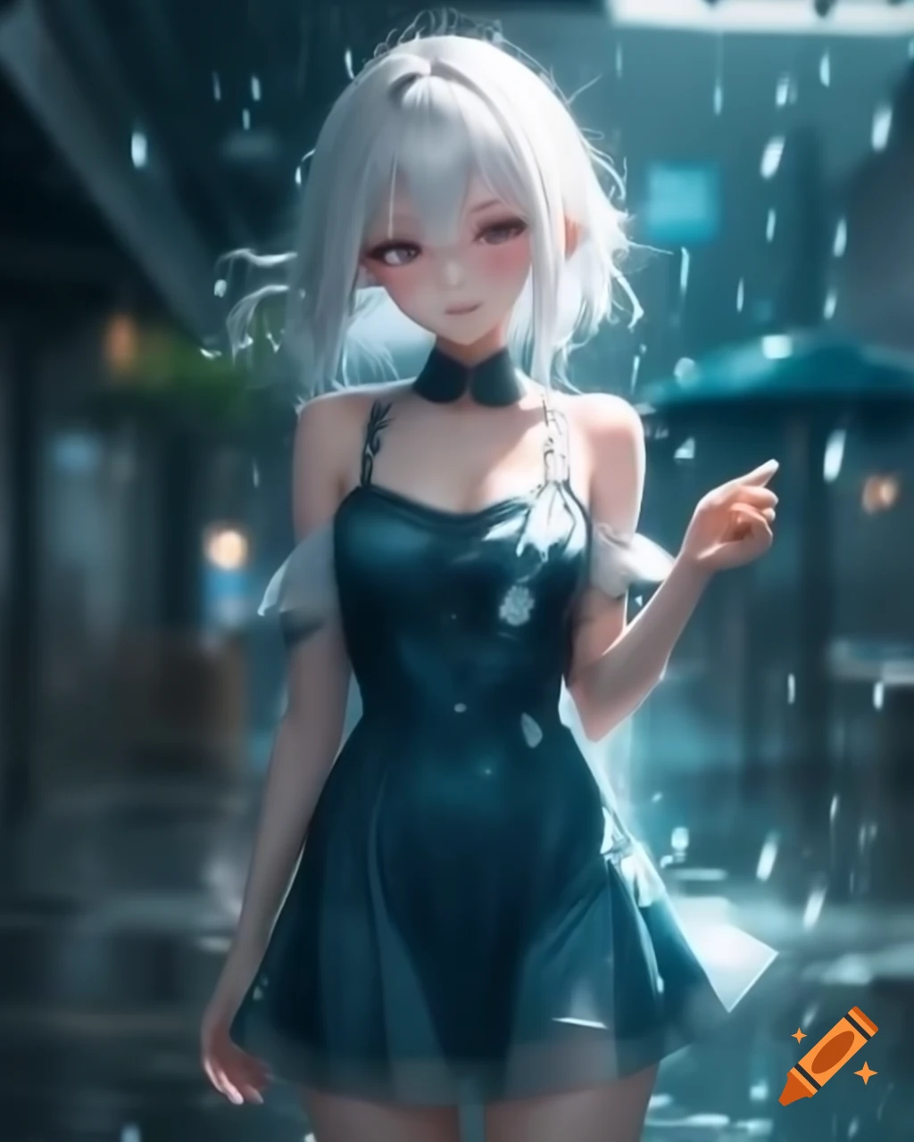 Anime woman with white hair in a dress on a rainy day