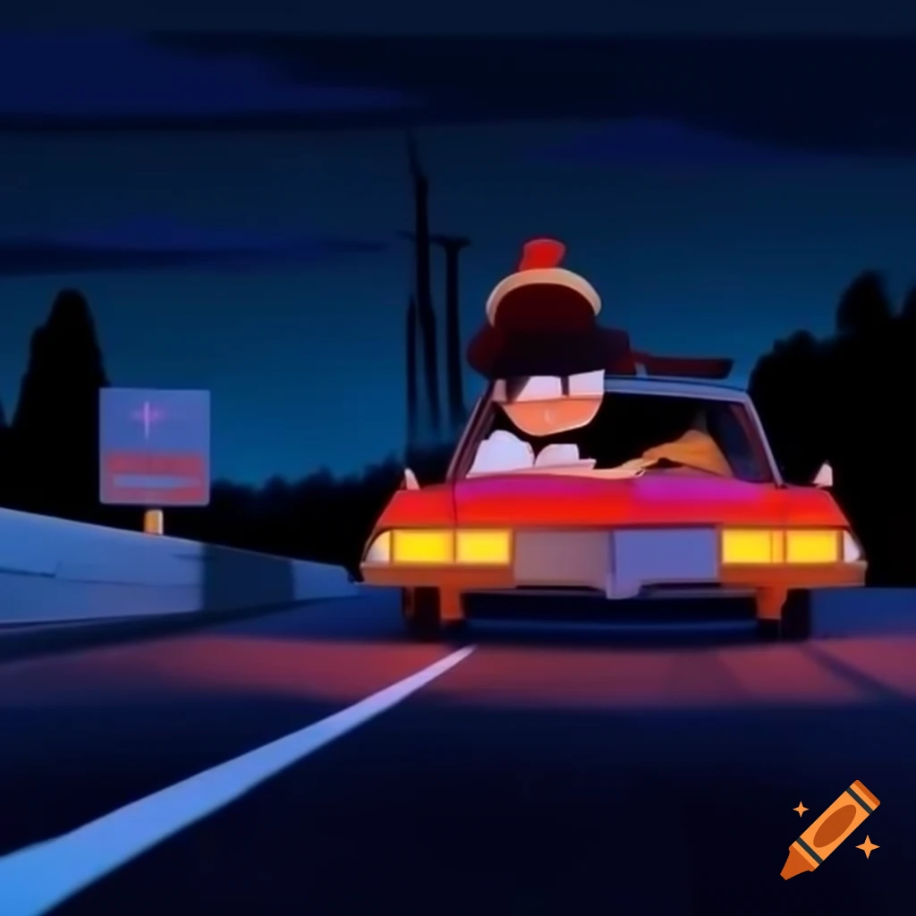 Cartoon art of a cool dude driving a Cadillac at night