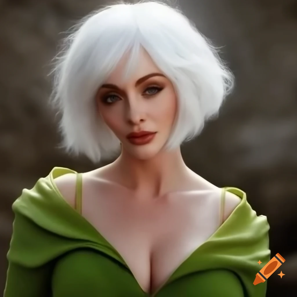 Christina Hendricks cosplaying as an elf with short white hair