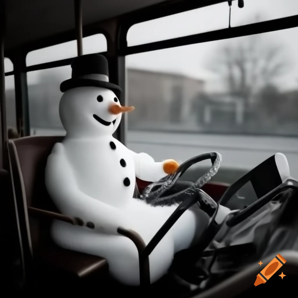 Snowman seated in a bus driver's seat