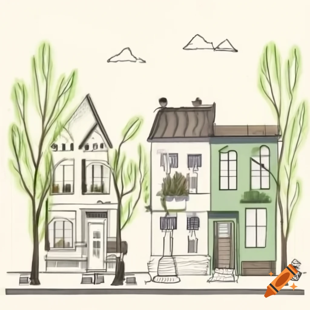 Drawing of small buildings and houses on a street with trees