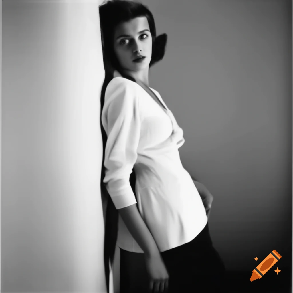 Woman in long white blouse and leggings leaning against a wall