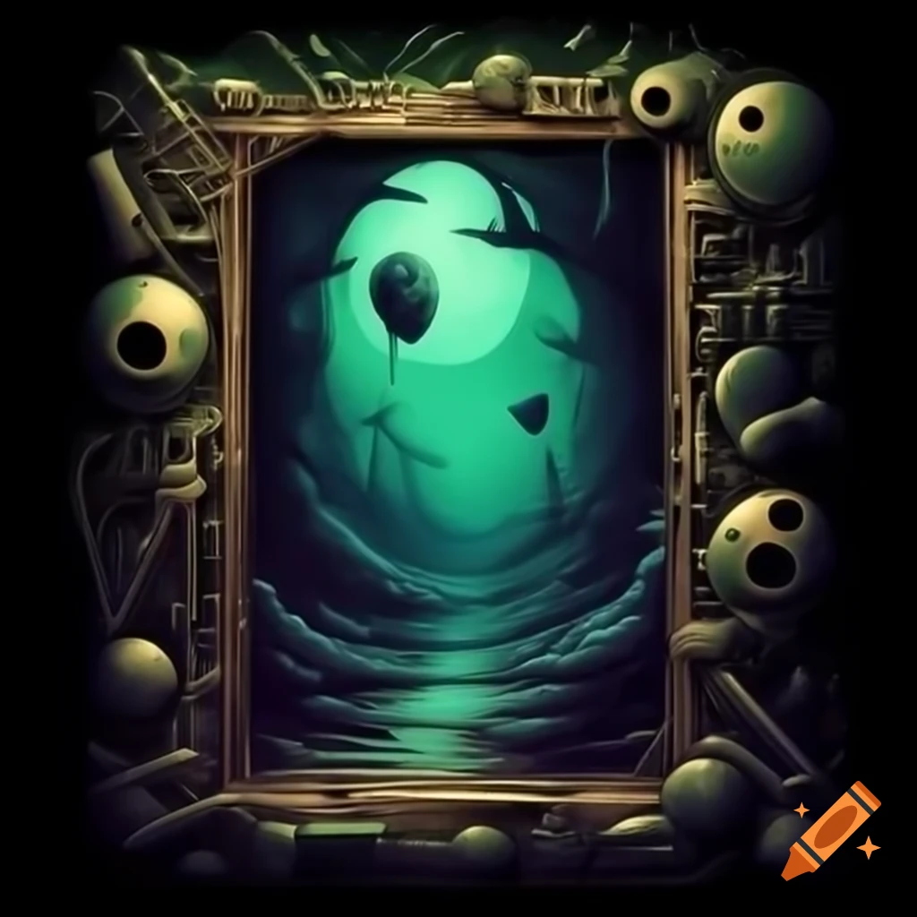 Cosmic horror landscape with mechanical objects and undefined silhouettes