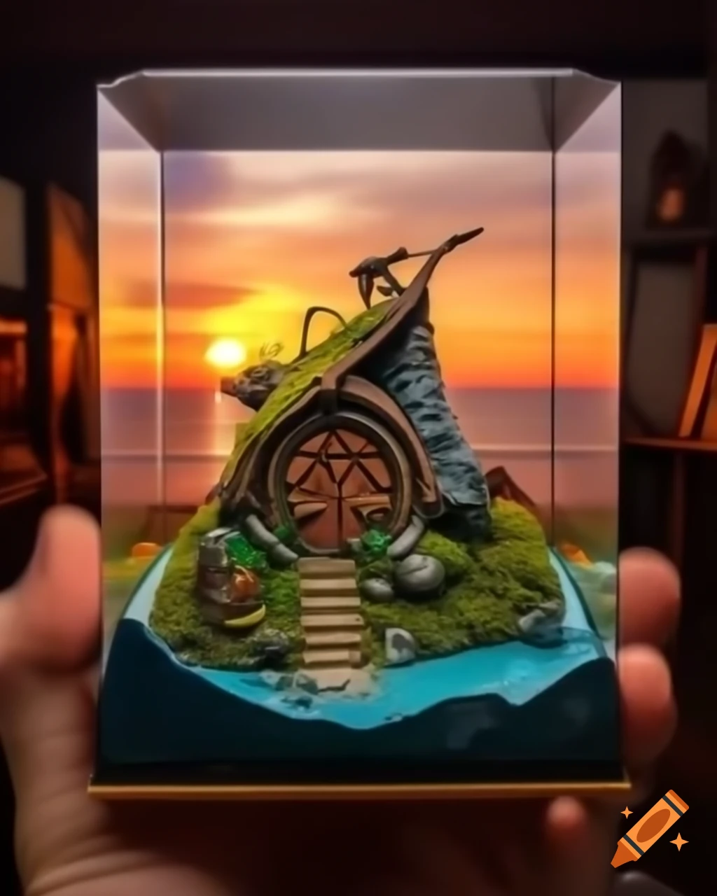 Miniature diorama of hobbit house on mountain overlooking sea at sunset