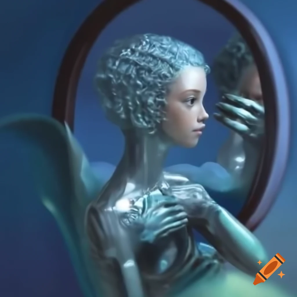 Robot mermaid with metallic hair gazing into a mirror