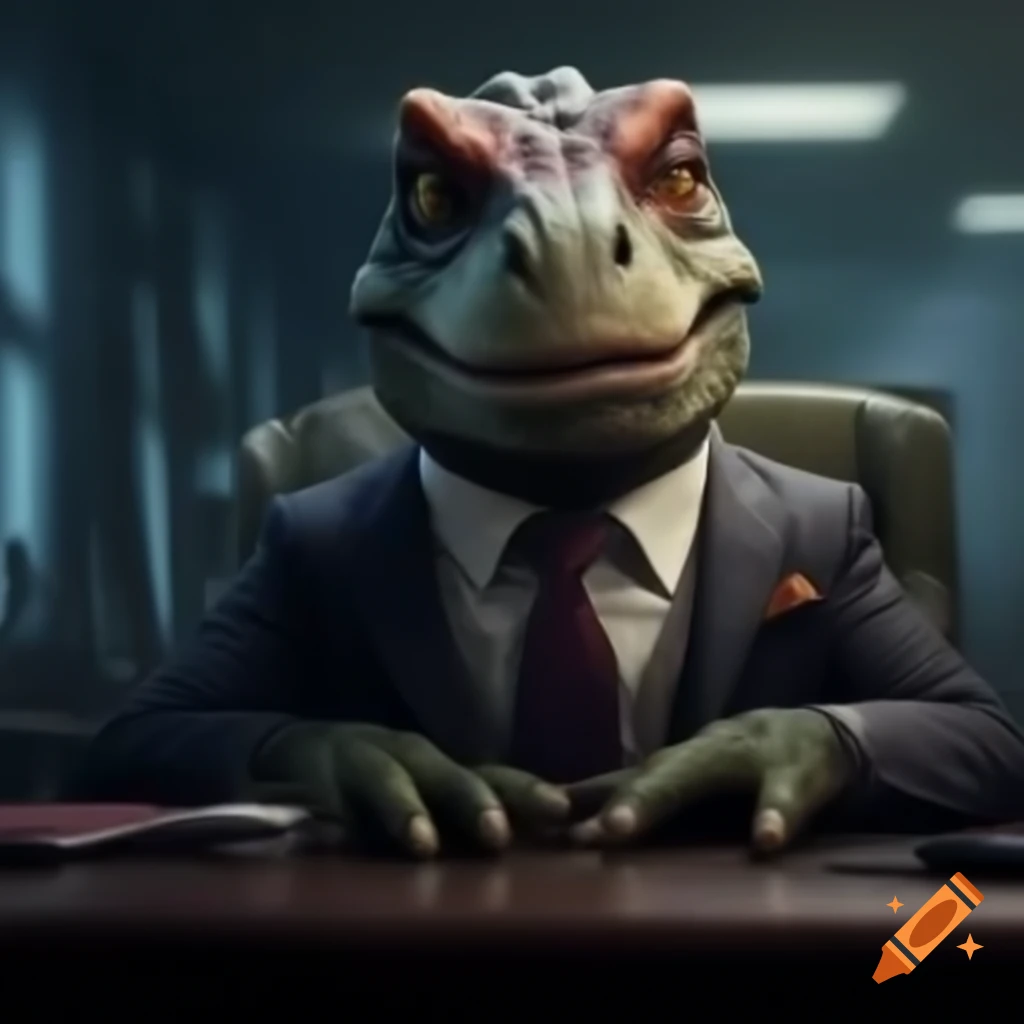Dinosaur in a suit sitting in an office