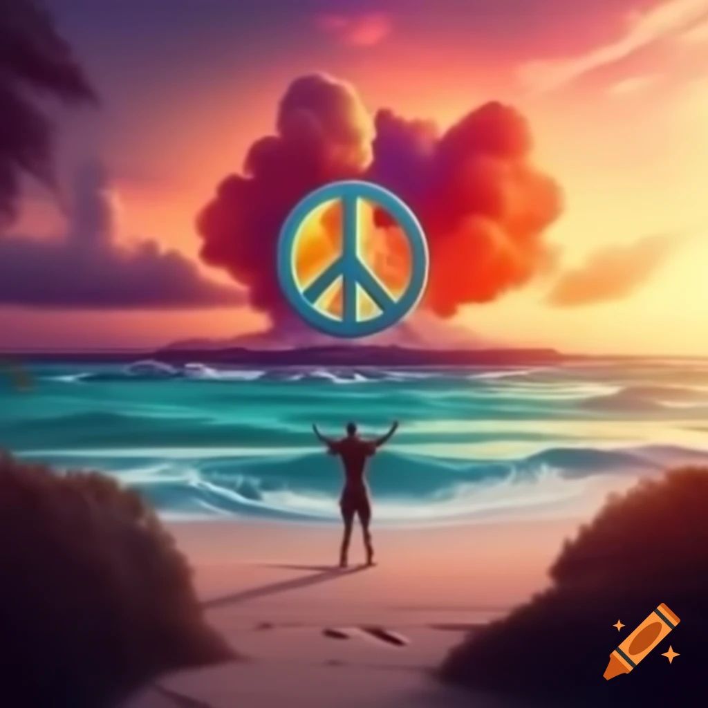 Colored peace symbol over ocean beach with sunset and nuclear explosion