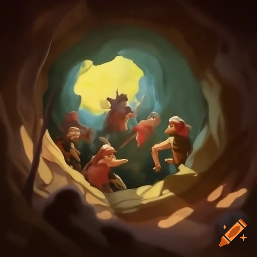 Adventurers descending into underground cavern, 17th century oil painting style